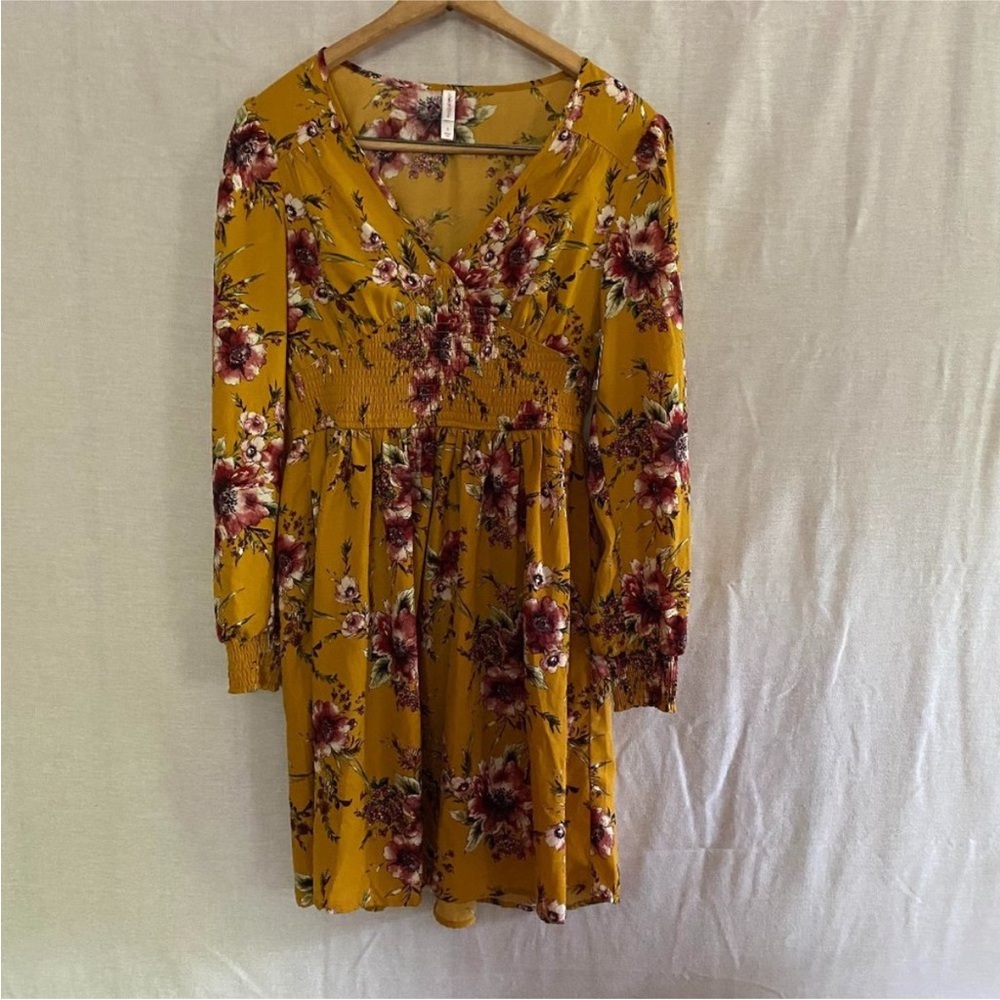 XHILARATION Yellow Floral Print V-neck pockets Smocked Waist Dress S